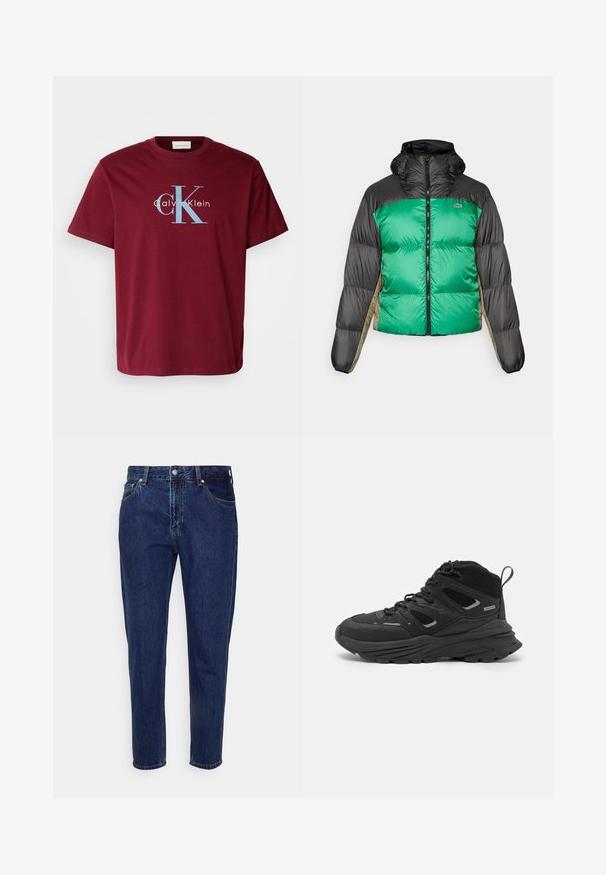 Dygsniuota striukė su žalia priekiu, juodais pečiais ir béžinėmis šoninėmis panelėmis. Ji turi aukštą apykaklę, pilną užtrauktuką ir paminkštintą struktūrą.; Bordo medvilnės marškinėliai su dideliu baltu ir mėlynu "CK" logotipu ir užrašu "Calvin Klein", standartinio kirpimo, trumpomis rankovėmis ir apvalia iškirpte.; Tamsiai mėlyni džinsai su tiesia koja, penkiomis kišenėmis ir mygtukų užsegimu. Pasižymi nežymiu nusidėvėjimu ir siuvimo detalėmis.; Juodi žygio batai su sluoksniuota struktūra, tekstūruota medžiaga ir guma padanga, su sutvirtintomis sritimis ir raištelių užsegimu.