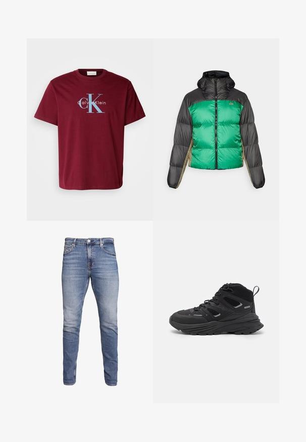 Puffer bunda s zeleným předním dílem, černými rameny a béžovými bočními panely. Má vysoký límec, plný zip a polstrovanou strukturu.; Burgundské bavlněné tričko s velkým bílým a modrým logem "CK" a textem "Calvin Klein", standardní střih, krátké rukávy a kulatý výstřih.; Modré slim-fit džíny s pěti kapsami, vybledlým umytím, zapínáním na knoflík a poutky na opasek, vystavené na bílém pozadí.; Černé turistické boty s vrstveným designem, texturovanou látkou a gumovou podešví, se zesílenými částmi a šněrovacím uzávěrem.