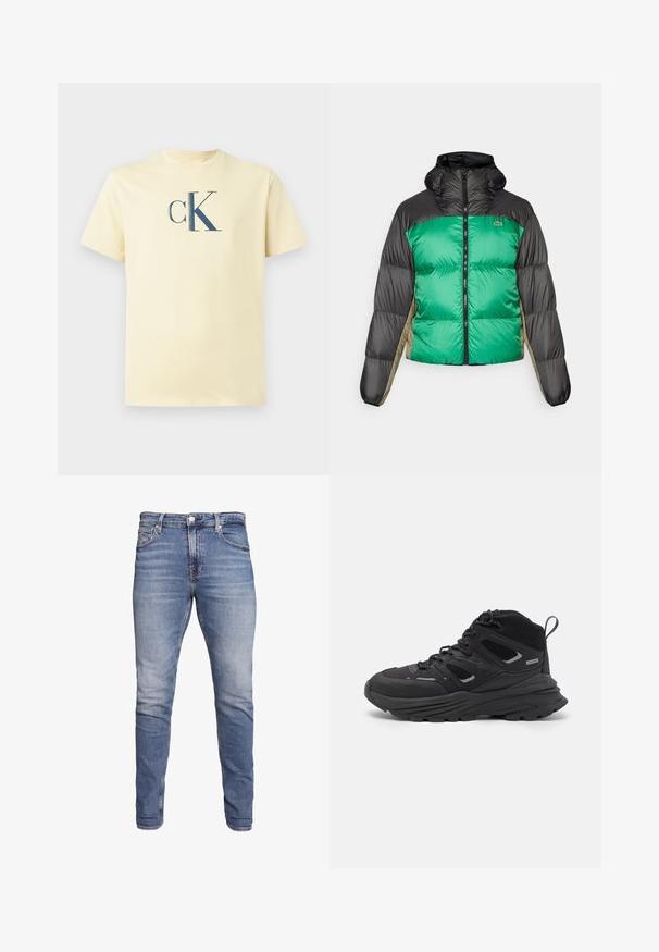 Chaqueta tipo plumón con un frente verde, hombros negros y paneles laterales beige. Tiene un collar alto, cierre completo y textura acolchada.; Camiseta de algodón de color amarillo claro con un logo "ck" en azul marino centrado en el pecho y un cuello redondo con mangas cortas.; Vaqueros de mezclilla azul con corte ajustado, cintura de altura media, diseño de cinco bolsillos, lavado desgastado y ligeras arrugas en la parte delantera y trasera.; Botas de senderismo negras con un diseño estratificado, tejido texturizado y suela de goma, con áreas reforzadas y cordones en la parte delantera.