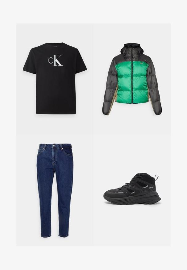 Pufjakas ar zaļu priekšpusi, melniem pleciem un bēšiem sānu paneļiem. Tam ir augsts apkakle, pilnīga zips un pamatota tekstūra.; Melnas kokvilnas T-krekls ar sudraba "ck" logotipu priekšpusē. Īsās piedurknes un apaļa kakla izgriezuma forma, regulāra piegriezuma.; Tums tumši zilas džinsu bikses ar taisnu kāju dizainu, piecām kabatām un pogu aizdari. Iespējas ar vieglu izbalēšanu un šuvju detaļām.; Melnas pārgājienu kurpes ar slāņotu dizainu, teksturētu audumu un gumijas zoli, ar nostiprinātām vietām un auklām priekšā.