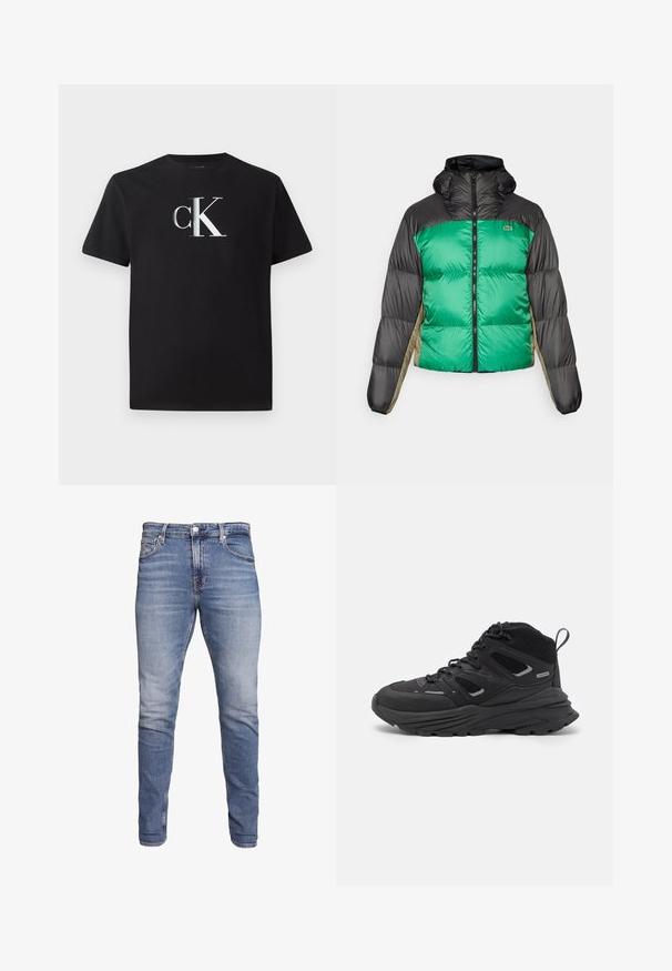 Kuisim jacket, jossa on vihreä etuosa, mustat olat ja beige sivupaneelit. Se on varustettu korkealla kauluksella, täyspitkällä vetoketjulla ja pehmeällä, topatulla pinnalla.; Musta puuvillainen t-paita, jossa on hopeinen "ck" logo edessä. Lyhyt hiha ja pyöreä pääntie, säännöllinen istuvuus.; Siniset slim-fit farkut, joissa on viisi taskua, haalistunut pesu, nappi suljenta ja vyölenkit, esillä valkoista taustaa vasten.; Mustia vaeltajakenkiä, joissa on kerroksellinen muotoilu, teksturoitu kangas ja kumipohja. Kenkien vahvistettuja alueita ja nauhakiinnitys edessä.