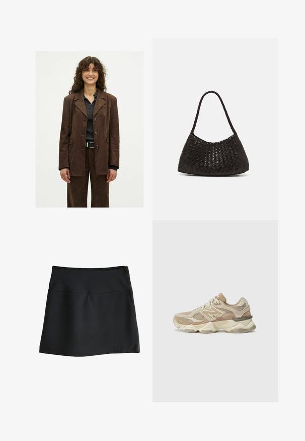 Smilende kvinde med krøllet hår har en mørkebrun knapjakke og matchende bukser over en mørk ribbet skjorte med et sort bælte.; Langærmet polo-shirt med skiftende mørkebrun og hvid vandrette striber, en krave og en knaplukning. Fremstillet af blødt stof.; Sort nederdel med en glat tekstur, knælængde design og en enkel, elastisk talje. Har en diskret lynlås bagpå.; Beige sportsko i mesh og ruskind, rund tå, tykk sål og bemærkelsesværdige reflekterende detaljer på siden.; DRAGON DIFFUSION ROSANNA - Håndtasker - dark brown