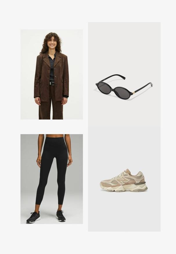 Smilende kvinde med krøllet hår har en mørkebrun knapjakke og matchende bukser over en mørk ribbet skjorte med et sort bælte.; Langærmet polo-shirt med skiftende mørkebrun og hvid vandrette striber, en krave og en knaplukning. Fremstillet af blødt stof.; Sorte højtaljede leggings med en glat tekstur og tætsiddende design, parret med sorte atletiske sko med en hvid sål.; Beige sportsko i mesh og ruskind, rund tå, tykk sål og bemærkelsesværdige reflekterende detaljer på siden.; Sorte ovale solbriller med mørke linser, blank plastikramme og gyldent tilbehør på stængerne.; DRAGON DIFFUSION ROSANNA - Håndtasker - dark brown