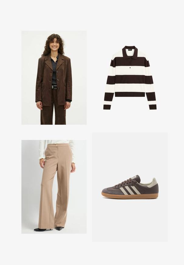 Smiling woman with curly hair wears a dark brown buttoned jacket and matching pants over a dark ribbed shirt with a black belt.; Long-sleeve polo shirt featuring alternating dark brown and white horizontal stripes, a collar, and a buttoned placket. Made of soft fabric.; Beige wide-leg trousers with a high waist and button detail, worn with black pointed-toe heels and a white blouse with ruffled cuffs.; Brown leather sneaker with three light-colored stripes, rubber gum sole, rounded toe, and textured suede accents on the heel and toe.