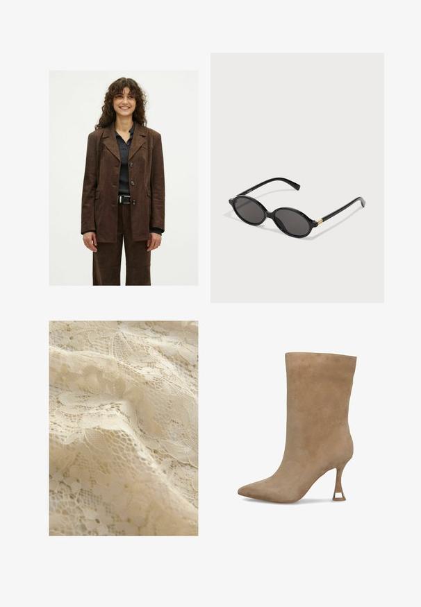 Glunderende vrouw met krullend haar draagt een donkerbruine jasje met knopen en bijpassende broeken over een donker geribbelde shirt met een zwarte riem.; Witte mouwloze tanktop met een vierkante halslijn, een gladde textuur en een nauwsluitend ontwerp. Gemaakt van lichtgewicht stof.; Beige kantstoffen met bloemmotieven, complexe details, verschillende texturen en een delicate doorzichtige uitstraling.; Beige suède enkellaars met een puntige neus, een aansluitende schacht en een smalle hoge hak met een gouden accent aan de voet.; Zwarte ovale zonnebril met donkere lenzen, glanzend plastic montuur en gouden accenten op de tempels.; Zwarte, gequiltte leren handtas met gouden beslag, voorzien van een kettinghengsel en het VALENTINO-logo aan de voorkant. Compact en rechthoekig ontwerp.