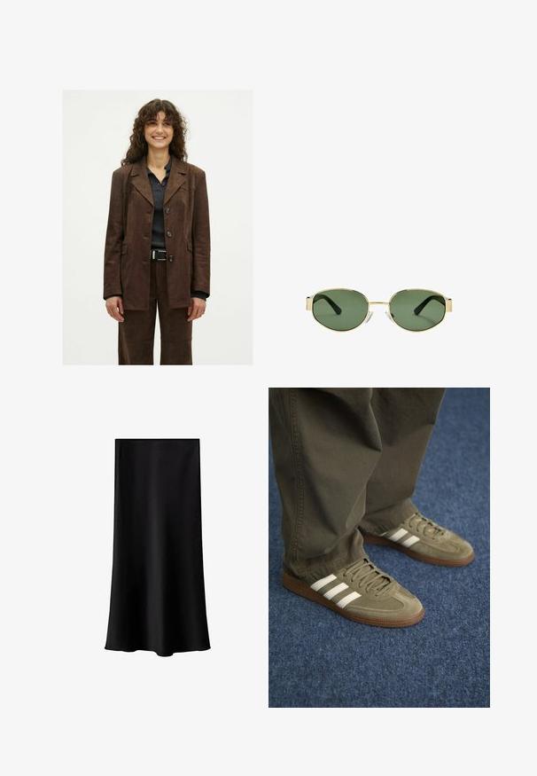Lächelnde Frau mit lockigem Haar trägt eine dunkelbraune, geknöpfte Jacke und passende Hosen über einem dunklen, gerippten Shirt mit einem schwarzen Gürtel.; Weißes ärmelloses Tanktop mit quadratischem Ausschnitt, glatter Textur und figurnahen Schnitt. Hergestellt aus leichtem Material.; Schwarze Midischürze aus glattem, leichtem Stoff. Sie hat einen geraden Schnitt, keine sichtbaren Beschläge und ein schlichtes Design ohne Muster.; Grüne Wildledersneaker mit drei weißen Streifen, brauner Gummisohle und strukturierten Schnürsenkeln, kombiniert mit olivgrünen Hosen auf einem blauen Teppich.; Sonnenbrille mit goldfarbenem Metallrahmen, grünen getönten Gläsern, ovaler Form, schwarzen Bügeln und klaren Nasenpads. Sauberes, minimalistisches Design.; DRAGON DIFFUSION ROSANNA - Handtasche - dark brown