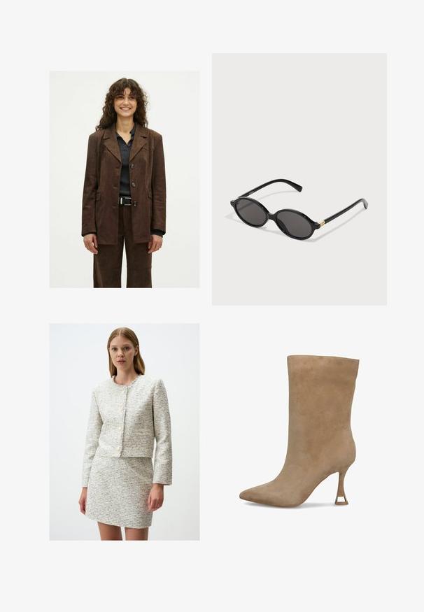 Glunderende vrouw met krullend haar draagt een donkerbruine jasje met knopen en bijpassende broeken over een donker geribbelde shirt met een zwarte riem.; Witte mouwloze tanktop met een vierkante halslijn, een gladde textuur en een nauwsluitend ontwerp. Gemaakt van lichtgewicht stof.; Witte en blauwe gemêleerde tweedjas met ronde hals, cropped ontwerp en vijf knopen aan de voorkant, gecombineerd met een bijpassende mini-jurk.; Beige suède enkellaars met een puntige neus, een aansluitende schacht en een smalle hoge hak met een gouden accent aan de voet.; Zwarte ovale zonnebril met donkere lenzen, glanzend plastic montuur en gouden accenten op de tempels.; Zwarte, gequiltte leren handtas met gouden beslag, voorzien van een kettinghengsel en het VALENTINO-logo aan de voorkant. Compact en rechthoekig ontwerp.