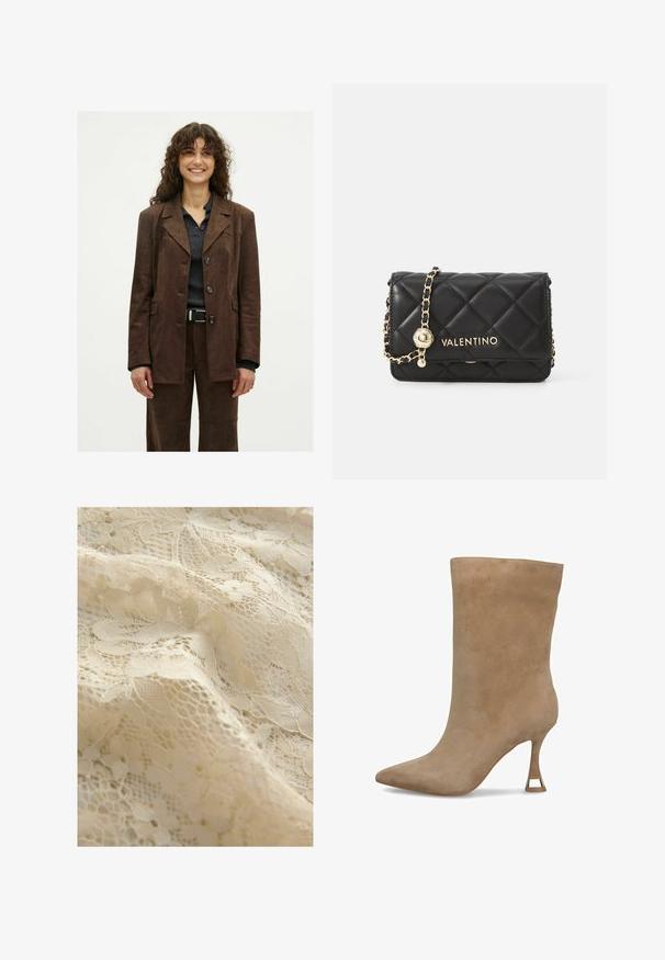 Donna sorridente con capelli ricci indossa una giacca bottata marrone scuro e pantaloni abbinati sopra una maglietta a coste scura con una cintura nera.; Top bianco senza maniche con scollatura quadrata, texture liscia e design aderente. Realizzato in tessuto leggero.; Tessuto di pizzo beige con motivo floreale, caratterizzato da trame delicate, dettagli intricati e un aspetto complessivamente morbido.; Stivale alla caviglia in suede beige con punta affusolata, gambale aderente e tacco alto stretto con dettaglio in tonalità oro alla base.; Borsa a tracolla in pelle trapuntata nera con finiture dorate, dotata di una tracolla a catena e logo VALENTINO sulla parte anteriore. Design compatto e rettangolare.