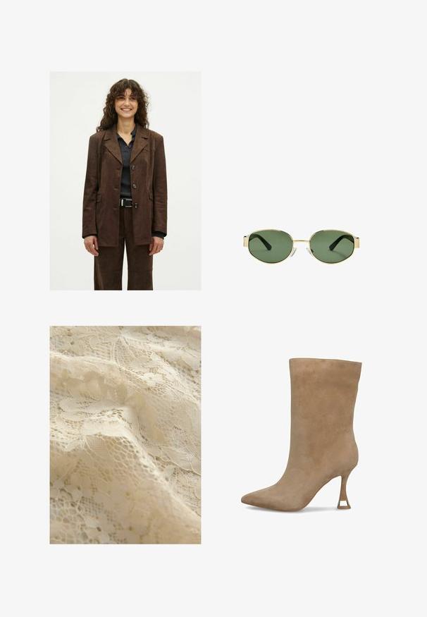 Donna sorridente con capelli ricci indossa una giacca bottata marrone scuro e pantaloni abbinati sopra una maglietta a coste scura con una cintura nera.; Top bianco senza maniche con scollatura quadrata, texture liscia e design aderente. Realizzato in tessuto leggero.; Tessuto di pizzo beige con motivo floreale, caratterizzato da trame delicate, dettagli intricati e un aspetto complessivamente morbido.; Stivale alla caviglia in suede beige con punta affusolata, gambale aderente e tacco alto stretto con dettaglio in tonalità oro alla base.; Occhiali da sole con montatura dorata e lenti verdi, forma ovale, stanghette nere e naselli trasparenti. Design pulito e minimalista.