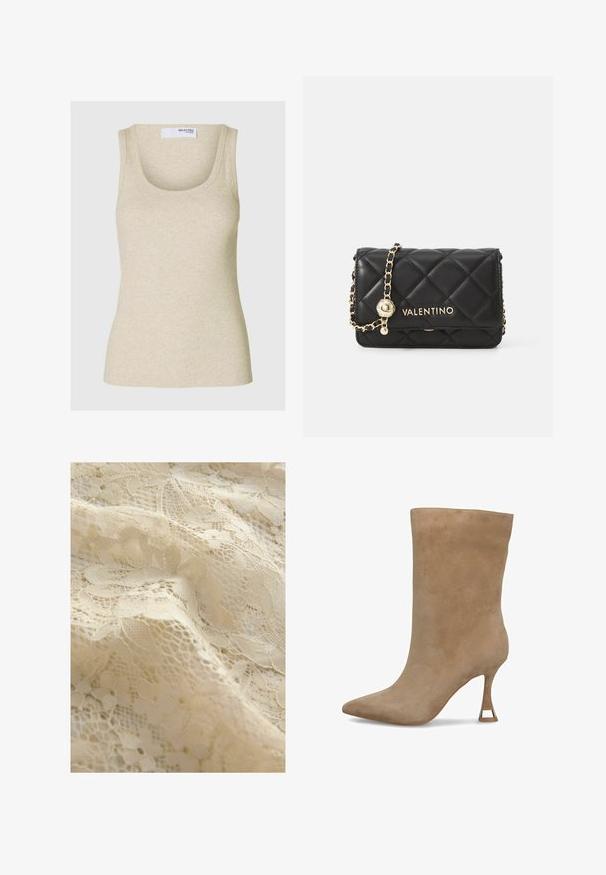 Glunderende vrouw met krullend haar draagt een donkerbruine jasje met knopen en bijpassende broeken over een donker geribbelde shirt met een zwarte riem.; Beige geribbelde tanktop met een ronde hals en brede schouderbanden. Gemaakt van zachte stof en heeft een getailleerd silhouet.; Beige kantstoffen met bloemmotieven, complexe details, verschillende texturen en een delicate doorzichtige uitstraling.; Beige suède enkellaars met een puntige neus, een aansluitende schacht en een smalle hoge hak met een gouden accent aan de voet.; Zwarte, gequiltte leren handtas met gouden beslag, voorzien van een kettinghengsel en het VALENTINO-logo aan de voorkant. Compact en rechthoekig ontwerp.