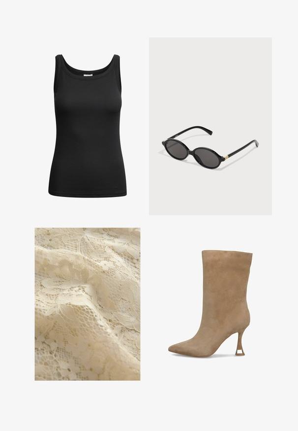 Glunderende vrouw met krullend haar draagt een donkerbruine jasje met knopen en bijpassende broeken over een donker geribbelde shirt met een zwarte riem.; Zwarte geribde tanktop met een ronde halslijn en gestikte randen, gemaakt van elastische stof voor een aangesloten silhouet.; Beige kantstoffen met bloemmotieven, complexe details, verschillende texturen en een delicate doorzichtige uitstraling.; Beige suède enkellaars met een puntige neus, een aansluitende schacht en een smalle hoge hak met een gouden accent aan de voet.; Zwarte ovale zonnebril met donkere lenzen, glanzend plastic montuur en gouden accenten op de tempels.; Zwarte, gequiltte leren handtas met gouden beslag, voorzien van een kettinghengsel en het VALENTINO-logo aan de voorkant. Compact en rechthoekig ontwerp.