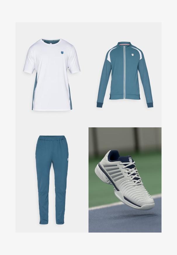 Turkio žalio zip-up užsegimo švarkas su baltomis detalėmis, ilgomis rankovėmis, aukšta apykakle ir logotipu kairiajame krūtinės puseje. Lygus paviršius ir siaura forma.; Balta trumpų rankovių marškinėliai su žaliais šonų akcentais ir mėlynu skydelio logotipu ant krūtinės. Pagaminti iš kvėpuojančios medžiagos, glotnus paviršius.; Mėlynos sportinės kelnės su elastinga juosmena, siaurėjančiomis kojomis ir užtrauktukais. Pagamintos iš glotnaus, lengvo audinio.; Baltoji ir mėlyna teniso batai, su tekstūruotu paviršiumi su grioveliais, šnara uždarymu ir paminkštintu padu stabilumui.