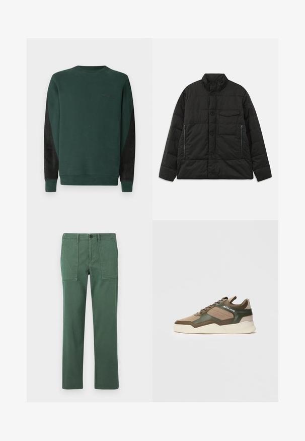 Párnázott fekete dzseki magas gallérral, elölnézeti gombos záródással és oldalsó cipzáras zsebekkel. Simább textúrával és steppelt kialakítással rendelkezik.; Zöld pulóver kerek nyakkal, fekete oldalsó panelek és diszkrét fekete logó részletezés a mellkasán. Puha, texturált anyag.; Zöld pamut nadrág, egyenes lábdesignnal, két első zsebbel és gombos zárással. Simogató textúra és laza stílus.; Beige és zöld alacsony szárú sportcipő lyukacsos oldalrésszel, fehér talppal, fűzős elülső résszel, és a "FILLING PIECES" márkajelzéssel az oldalfalon.