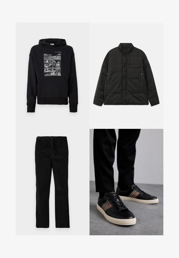 Jachetă neagră căptușită, cu guler înalt, închidere cu nasturi pe față și buzunare laterale cu fermoar. Prezintă o textură netedă și un design matlasat.; Hanorac negru cu grafică albă frontală care prezintă patru panouri orizontale cu scene din natură, text "BALLY HAUSZEITUNG" și un buzunar tip cangur.; Pantaloni din catifea negri, drepti, cu talie elastică și șnur în față, expuși pe un fundal alb simplu.; Adidași din piele neagră cu accente multicolore în dungi, vârf rotund și tălpi din cauciuc alb, având un design cu șireturi și branding embosat.