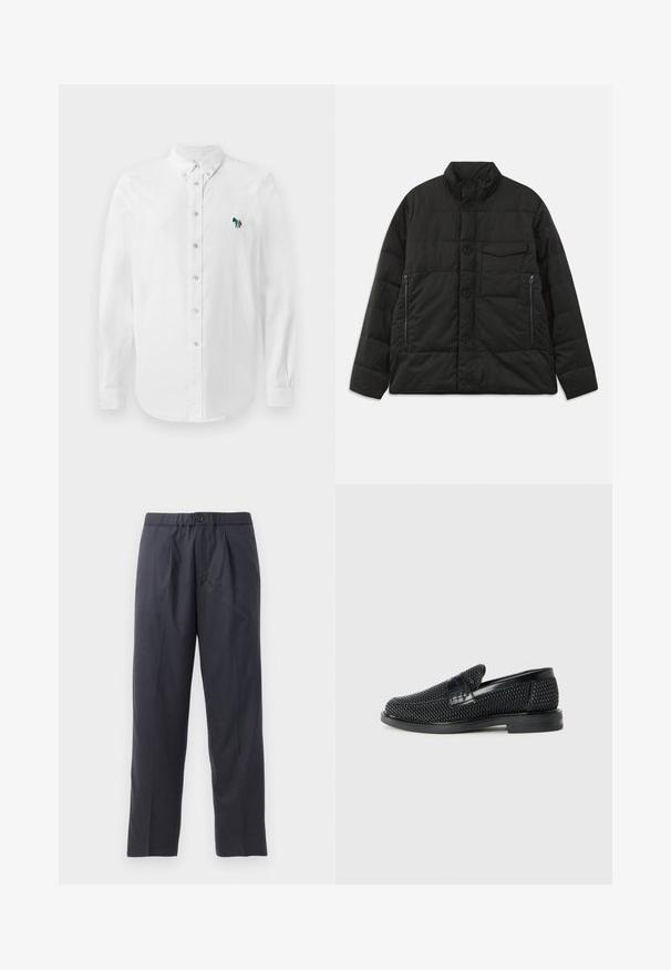 Επενδεδυμένο μαύρο μπουφάν με ψηλό γιακά, κλείσιμο μπροστά με κουμπιά και πλαϊνές τσέπες με φερμουάρ. Διαθέτει λεία υφή και καπιτονέ σχέδιο.; Λευκό πουκάμισο με κουμπιά και μακριά μανίκια, το οποίο διαθέτει ένα λεπτό υφασματοποιημένο σχέδιο και κέντημα με πολύχρωμο άλογο στην αριστερή πλευρά του στήθους.; Σκούρο ναυτικό παντελόνι από μαλακό ύφασμα με πτυχές στο μπροστινό μέρος και ελαστική μέση. Διαθέτει κούμπωμα με κουμπί και ίσια γραμμή.; Μαύρο πλεκτό παπούτσι slip-on με λείο δερμάτινο στοιχείο στο άνω μέρος, στρογγυλή μύτη και χαμηλό καουτσούκ πάτο.