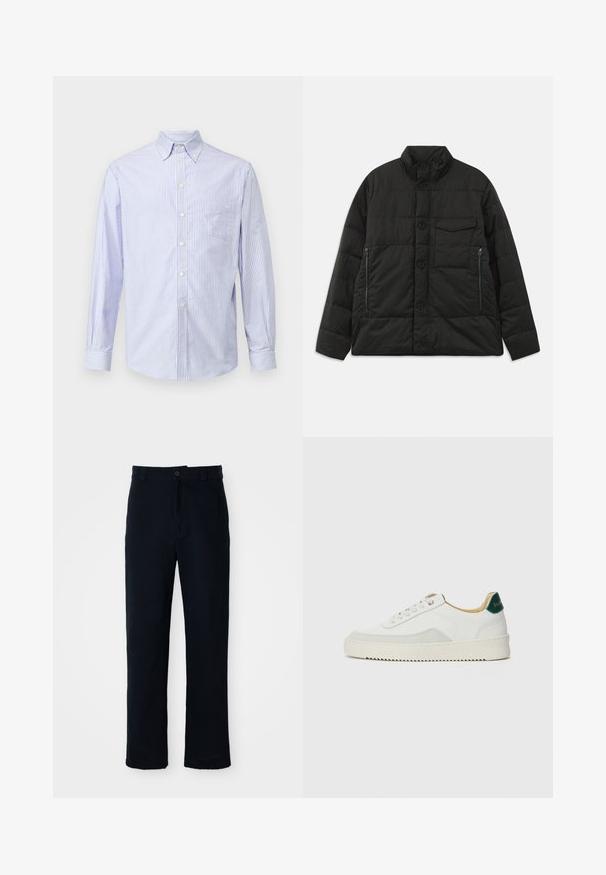 Giacca nera imbottita con colletto alto, chiusura frontale con bottoni e tasche laterali con zip. Caratterizzata da una texture liscia e un design trapuntato.; Camicia a maniche lunghe a righe blu chiaro e bianche, con colletto abbottonato, taschino frontale e chiusura a bottoni, realizzata in tessuto con una texture liscia.; Pantaloni color blu navy in cotone, con design a gamba dritta, chiusura con bottone frontale e vita classica con passanti per cintura.; Sneaker bianco con accenti in camoscio, punta rotonda, lacci piatti e suola in gomma crema. Presenta un marchio verde sul tallone.