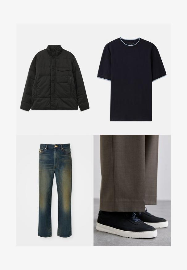 Soojendav must jakk kõrge kraega, ees nupu sulgemisega ja küljetaskutega. Omab siledat tekstuuri ja tikanditud disaini.; Tume sinine lühikese varrukaga t-särk ümmarguse kaelusega, millel on helesinised aktsendid kaeluse ja varrukate ümber. Valmistatud pehmest puuvillast kangast.; Sinised denim teksad sirge, laia sääre disainiga. Omab pleekinud alasid ja nupuvajutusega sulgemist. Koos esikottide ja logo detailiga.; Mustad suleed sneakers valge kummist tallaga, ümarate varvaste ja paeltega, kantud hallide ülikonna pükste kõrval.
