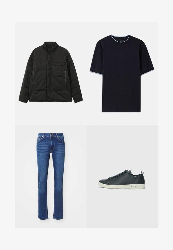 Minkštas juodas švarkas su aukštu apykaklės, priekyje mygtukų užsegimas ir šoninės užtrauktukų kišenės. Pasižymi glotnia tekstūra ir kvadratinio rašto dizainu.; Tamsiai mėlynas trumpas rankovės marškinėlis su apvalia iškirpte, su šviesiai mėlynu akcentu ant apykaklės ir rankovių. Pagamintas iš švelnaus medvilnės audinio.; Tamsiai mėlynos džinsinės kelnės su tiesiomis kojomis, su subtiliais blukimo akcentais, penkiomis kišenėmis ir mygtuko uždarymu. Neutralios spalvos siuvinėjimai.; Tamsiai mėlynos odinės sportbačiai su lygiu paviršiumi, apvaliu pirštu, šešem akelių raišteliu ir kontrastinga balta guma. Šone yra prekinis ženklas.