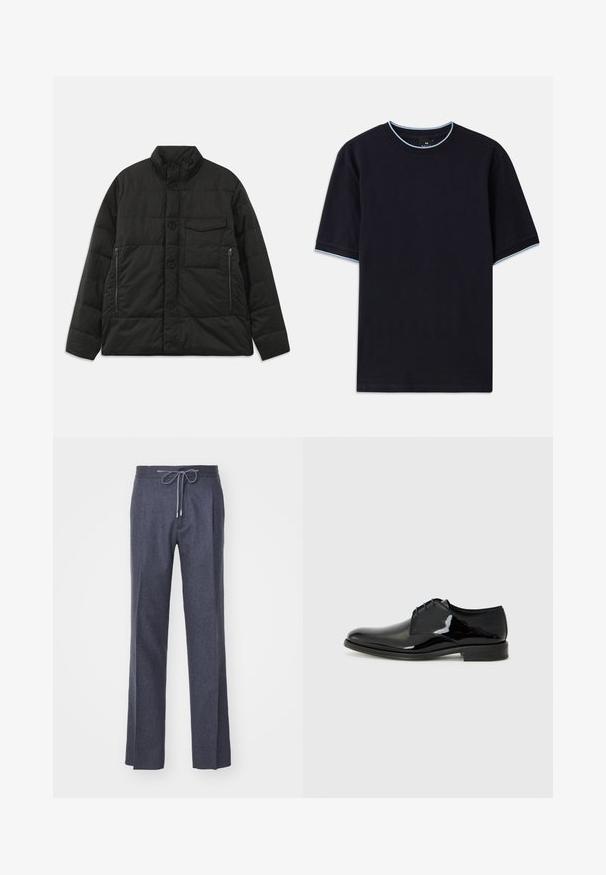 Padded black jacket with a high collar, front button closure, and side zip pockets. Features a smooth texture and quilted design.; Dark blue short-sleeve t-shirt with a round neckline, featuring light blue accent at the collar and sleeves. Made of soft cotton fabric.; LARDINI Trousers - grey; Black dress shoe with a polished patent leather finish, rounded toe, and external stitching. Features a low heel and laced closure.