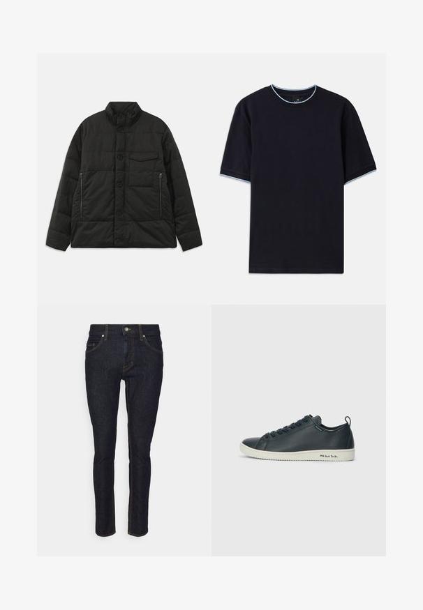 Padded černá bunda s vysokým límcem, předním zapínáním na knoflíky a bočními zipovými kapsami. Vyznačuje se hladkou texturou a prošívaným designem.; Tmavě modré tričko s krátkým rukávem a kulatým výstřihem, se světle modrými akcenty na límci a rukávech. Vyrobeno z měkké bavlněné tkaniny.; Tmavě modré džíny z denimu s těsným střihem, pěti kapsami a kontrastním žlutým prošíváním podél švů. Klasický styl rovného střihu.; Tmavě námořnické kožené tenisky s hladkým povrchem, zaoblenou špičkou, šesti očky na šněrování a kontrastní bílou gumovou podrážkou. Obsahují značení na boku.