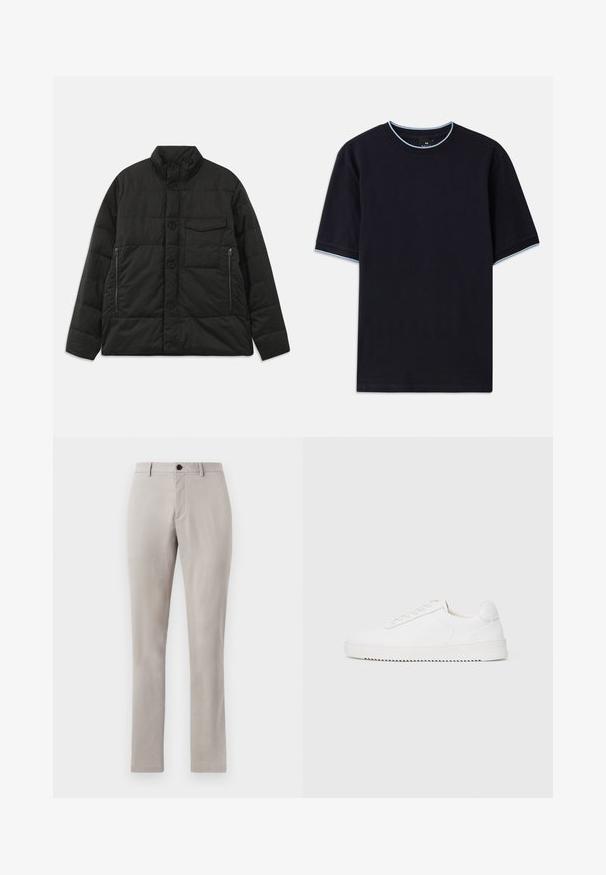 Veste rembourrée noire avec un col haut, fermeture à boutons sur le devant et poches zippées sur les côtés. Présente une texture lisse et un design matelassé.; T-shirt à manches courtes bleu foncé avec un col rond, présentant un accent bleu clair au niveau du col et des manches. Fabriqué en tissu en coton doux.; Pantalons gris clair, ajustés, avec une texture lisse, dotés d'une fermeture à bouton et de jambes droites. Pas de poches visibles ni de motifs.; Sneaker blanc avec une tige en cuir lisse, bout rond, lacets, accents latéraux texturés et une épaisse semelle en caoutchouc. Design minimaliste.