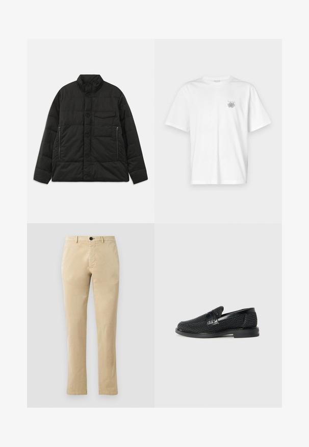 Vadderad svart jacka med hög krage, framknäppning och sidofickor med dragkedja. Har en slät textur och quiltat mönster.; Vit t-shirt i bomull med korta ärmar, rund hals och en liten grå logotyp på vänster bröst. Slät textur.; Beige bomullschinos med rak bendesign, med en framknappstängning och subtila sömdetaljer. Slät textur och inga mönster.; Svart vävd slip-on sko med en slät läderdetalj på ovansidan, med rund tådesign och en låg gummisula.
