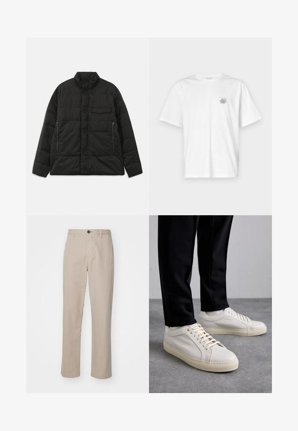 Minkštas juodas švarkas su aukštu apykaklės, priekyje mygtukų užsegimas ir šoninės užtrauktukų kišenės. Pasižymi glotnia tekstūra ir kvadratinio rašto dizainu.; Balta medvilninė marškinėlių, su trumpomis rankovėmis, apykaklė nei per aukšta, nei per žema, ir mažas pilkas logotipas kairėje krūtinės pusėje. Lygi tekstūra.; Bežinės tiesios kojų kelnės iš lengvos medžiagos, su sagų uždarymu ir subtiliomis siuvimo detalėmis. Lygus priekinis uždėjimas su šoninėmis kišenėmis.; Šviesūs smėlio spalvos odiniai sportbačiai su plokščiomis raišteliais, tekstūruotu paviršiumi ir kontrastinga kreminės spalvos gumine padu, derinami su juodomis siaurėjančiomis kelnėmis.