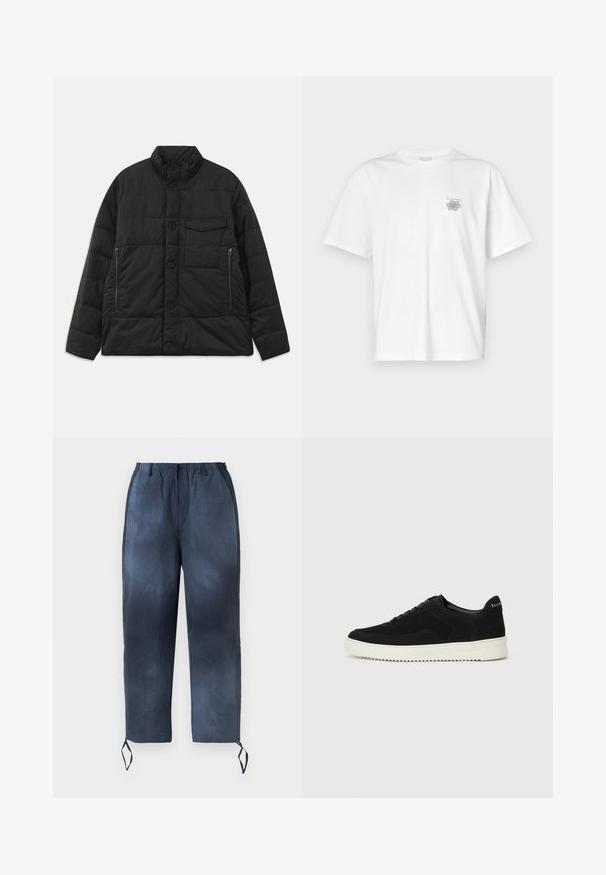Soojendav must jakk kõrge kraega, ees nupu sulgemisega ja küljetaskutega. Omab siledat tekstuuri ja tikanditud disaini.; Valge puuvillane T-särk lühikeste varrukatega, ümmarguse kaelusega ja väike hall logo vasakul rinnaosal. Sile tekstuur.; Tumesinine paeltega püksid elastse vöökohtuga, kahe külgeheitega tasku ja pahkluude seotavatega, esitatud valge tausta ees.; Mustad suede jooksujalatsid, millel on paelad ja kontrastne valge kummitald. Omab tekstuuriga külgpaneele ja tagasihoidlikku brändimist kandadel.