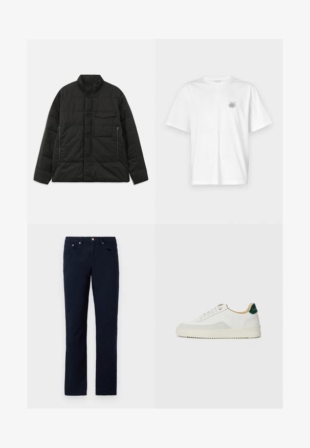 Vadderad svart jacka med hög krage, framknäppning och sidofickor med dragkedja. Har en slät textur och quiltat mönster.; Vit t-shirt i bomull med korta ärmar, rund hals och en liten grå logotyp på vänster bröst. Slät textur.; Mörkblå, raka byxor i bomullstyg. Har fem fickor, gylf med dragkedja och minimala sömdetaljer. Slät textur.; Vit sneaker med mockadetaljer, rund tå, platta snören och en krämfärgad gummisula. Har grön branding på hälen.