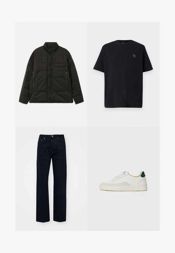 Minkštas juodas švarkas su aukštu apykaklės, priekyje mygtukų užsegimas ir šoninės užtrauktukų kišenės. Pasižymi glotnia tekstūra ir kvadratinio rašto dizainu.; Juodas medvilnės marškinėliai trumpomis rankovėmis, apvaliu iškirpimu ir subtiliu žirgo logotipu išsiuvinėtu pilkai kairiajame krūtinės plote.; Juoda džinsai su tiesia kojų kirpimo, turi sagčiu ir užtrauktuku užsegimą, penki kišeniai ir tonizuota siuvinėjimas.; Baltos sportbačiai su zomšos akcentais, apvaliu nosiu, plokščiais raišteliais ir kreminės spalvos guminiu padu. Ant kulno yra žalia ženklinimo detalė.