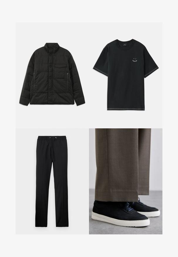 Minkštas juodas švarkas su aukštu apykaklės, priekyje mygtukų užsegimas ir šoninės užtrauktukų kišenės. Pasižymi glotnia tekstūra ir kvadratinio rašto dizainu.; Juoda medvilninė marškinė, turinti trumpas rankoves, apvalią iškirptę ir baltas siuvimo detales. Įtrauktas nedidelis grafikas krūtinėje.; Iceberg PANTALONI - Kelnės - nero; Juodi zomšiniai sportbačiai su baltais guminiais padais, su apvalia nosimi ir raišteliais, dėvimi su pilkais pritaikytais kelnais.