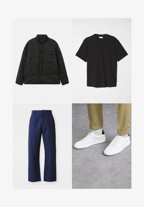 Giacca nera imbottita con colletto alto, chiusura frontale con bottoni e tasche laterali con zip. Caratterizzata da una texture liscia e un design trapuntato.; T-shirt in cotone nero con colletto a girocollo, maniche corte e vestibilità comoda. Design semplice, texture liscia e senza motivi o loghi visibili.; Pantaloni in lino blu navy con una vestibilità ampia, gambe dritte, chiusura frontale con bottone e una texture sottile. Design pulito, senza decorazioni.; Sneaker bianchi con finitura in pelle testurizzata, punta arrotondata e accentuazione nera sul tallone. Suola in gomma con piccolo motivo di battistrada e dettagli cuciti.