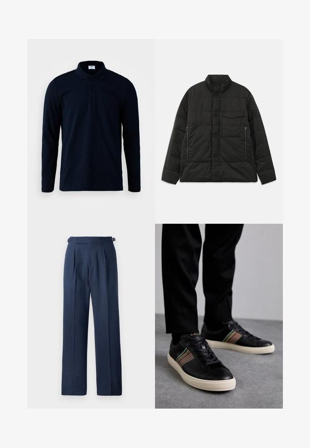 Gevoerde zwarte jas met een hoge kraag, sluiting met knopen aan de voorkant en zijzakken met rits. Heeft een gladde textuur en een gestikt ontwerp.; Filippa K LUKE - Poloshirt - navy; Donkerblauwe op maat gemaakte broek, gemaakt van gestructureerde stof, met een hoge taille, plooien en verstelbare zijbanden voor een goede pasvorm.; Zwarte leren sneakers met multicolored gestreepte accenten, ronde neus en witte rubberen zolen, met vetersluiting en reliëfbranding.