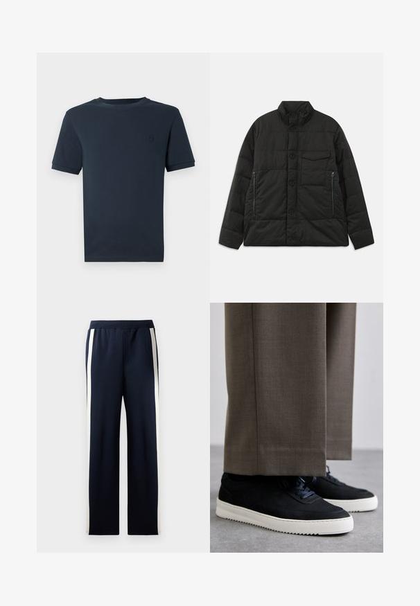 Mīksts melns mētelis ar augstu apkakli, priekšējo pogu aizdari un sānu kabatām ar rāvējslēdzēju. Iespējas ietver gludu tekstūru un quilted dizainu.; Tumši zils kokvilnas T-krekls ar īsām piedurknēm, apaļu kaklu un mazu teksturētu logo kreisajā krūtīs. Gluda auduma apdare.; Jūras spēku pelēkās bikses ar platām kājām, akcentētas ar vertikālām krēmkrāsas svītrām pa malām. Izgatavotas no mīkstas, teksturētas auduma ar elastīgu jostu.; Melni zamšaini sporta apavi ar baltām gumijas zolēm, ar noapaļotu purngalu un auklām, valkāti ar pelēkiem piegrieztiem biksēm.
