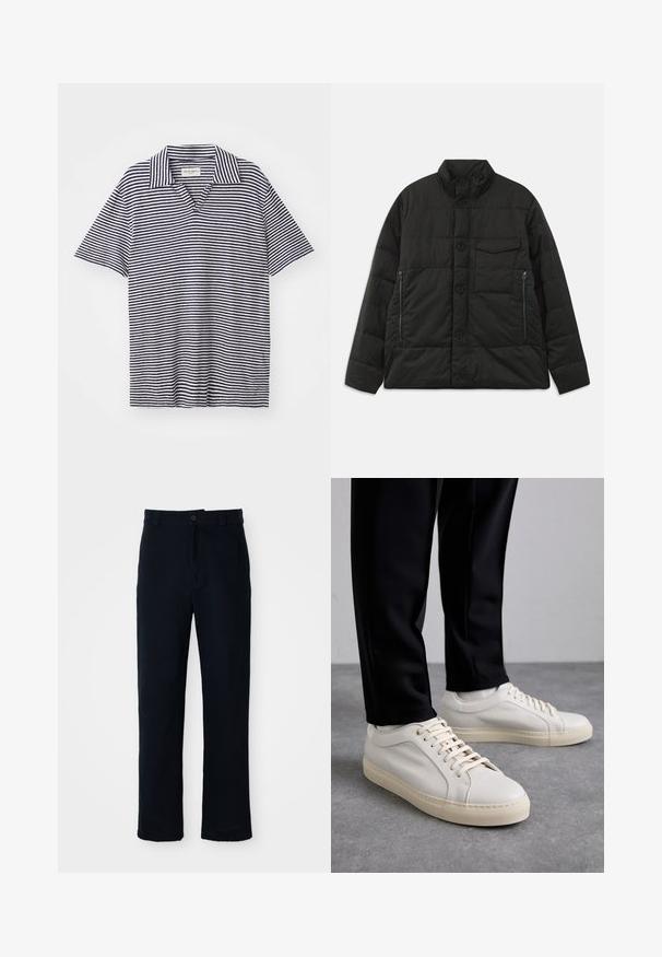 Podložena črna jakna z visokim ovratnikom, sprednjim gumbom in stranskimi žepi na zadrgo. Ima gladko teksturo in prešito zasnovo.; Polo majica s prugama in V-izrezu, z mornarsko modrimi in belimi vodoravnimi prugami, kratkimi rokavi in mehkimi, lahkimi materiali.; Temno modri hlače iz bombaža, s ravnim krojem, sprednjim gumbom in klasičnim pasom z zankami za pas.; Svetlo bež usnjeni športni čevlji z ravnimi vezalkami, teksturirano površino in kontrastnim smetanastim gumijastim podplatom, v kombinaciji s črnimi oprijetimi hlačami.
