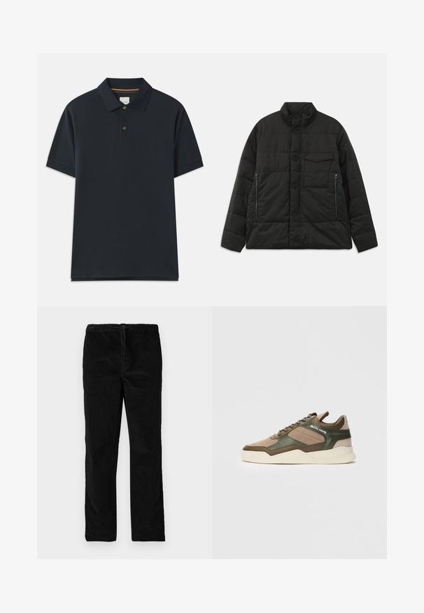 Párnázott fekete dzseki magas gallérral, elölnézeti gombos záródással és oldalsó cipzáras zsebekkel. Simább textúrával és steppelt kialakítással rendelkezik.; Tengerészkék pólóing rövid ujjakkal, gallérral, három gombos nyakkivágással és egy apró zöld hímzett részlettel a mellrészen.; Fekete, egyenes szárú bársony nadrág, elasztikus derékrésszel és elől húzózsinórral, egyszerű fehér háttér előtt kiemelve.; Beige és zöld alacsony szárú sportcipő lyukacsos oldalrésszel, fehér talppal, fűzős elülső résszel, és a "FILLING PIECES" márkajelzéssel az oldalfalon.