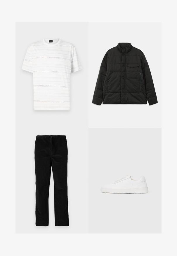 Soojendav must jakk kõrge kraega, ees nupu sulgemisega ja küljetaskutega. Omab siledat tekstuuri ja tikanditud disaini.; Valge lühikeste varrukatega T-särk, millel on horisontaalsed katkised jooned helesinisest, roosast ja mustast. Klassikaline ümmargune kaelus.; Mustad sirgedega sametpüksid, millel on elastne vöökoht ja eesotsas nöör, esitatud ühevärvilise valge taustaga.; Valge jooksutoss, millel on siledast nahast ülemine osa, ümmargune nina, paelad, tekstuuriga küljeaktsendid ja paks kummitald. Minimalistlik disain.