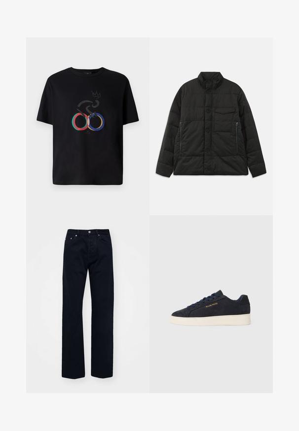 Mīksts melns mētelis ar augstu apkakli, priekšējo pogu aizdari un sānu kabatām ar rāvējslēdzēju. Iespējas ietver gludu tekstūru un quilted dizainu.; Melna T-kreka ar grafisku dizainu, kurā attēloti krāsaini Olimpiskie riņķi, abstrakta velosipēda siluets un kroņa motīvs. Kokvilnas audums.; Melnie denima džinsi ar taisnu kāju griezumu, ar pogu un rāvējslēdzēju, pieci kabatas un tonāli šuvumi.; Navy zila zamšas zema augstuma kedas ar baltu zoli, navy krāsas auklām un "Filling Pieces" logo zeltā sānos.