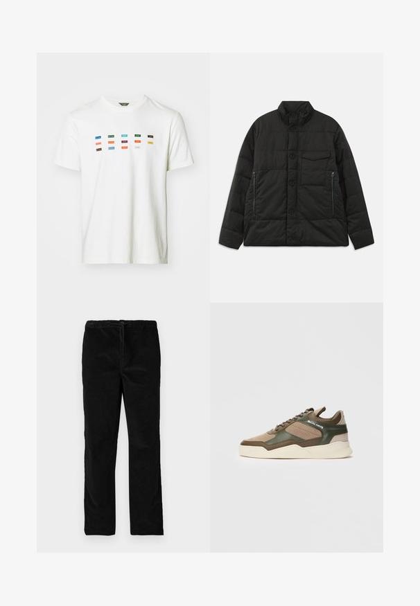 Chaqueta negra acolchada con alto cuello, cierre de botones en la parte delantera y bolsillos laterales con cremallera. Presenta una textura suave y un diseño acolchado.; Camiseta blanca de algodón que presenta varias etiquetas de tela coloridas con la palabra "Lee" y otro texto. Diseño clásico de cuello redondo, mangas cortas.; Pantalones de terciopelo negros de pierna recta con cinturilla elástica y cordón en la parte delantera, exhibidos sobre un fondo blanco liso.; Zapatillas low-top beige y verdes con lados perforados, suela blanca, cordones frontales y la marca "FILLING PIECES" en el panel lateral.