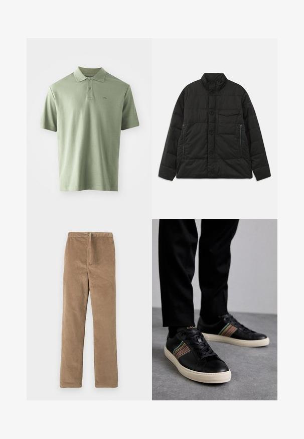Vadderad svart jacka med hög krage, framknäppning och sidofickor med dragkedja. Har en slät textur och quiltat mönster.; Ljusgrön pikétröja i bomull, med klassisk krage, tre knappar och korta ärmar. Diskret logotyp tryckt på bröstet.; Bruna kordbyxorna med elastiskt midjeband och framdragsnöre, rak benpassform, uppvisade mot vit bakgrund.; Svart lädersneakers med flerfärgade randiga detaljer, rund tå och vita gummisulor, som har snörningsdesign och ultragruvade logotyp.