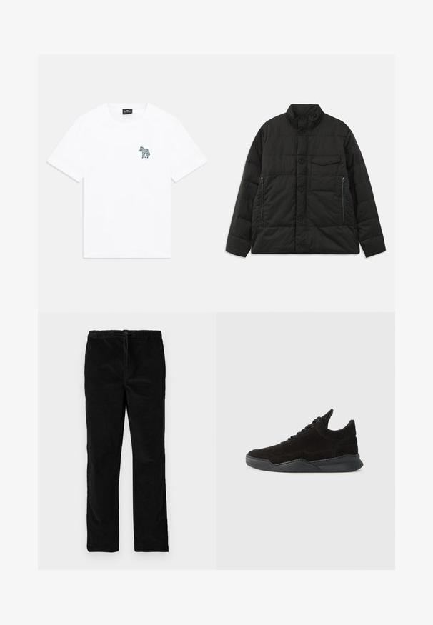 Minkštas juodas švarkas su aukštu apykaklės, priekyje mygtukų užsegimas ir šoninės užtrauktukų kišenės. Pasižymi glotnia tekstūra ir kvadratinio rašto dizainu.; Balta trumpa rankovėmis marškinėliai su apvalia iškirpte, ant kairio krūtinės yra mažas tamsus zebra piešinys, o apykaklėje yra juoda etiketė.; Juodos tiesios blizgančios aksominės kelnės su elastinga juosmena ir priekyje esančia raišteliu, eksponuojamos prieš paprastą baltą foną.; Juodos suedes sportiniai bateliai su žemu profiliu, tekstūruotu paviršiumi, plokščiomis raištelėmis ir tvirtu guminiu padu, turinčiu šiek tiek pakilimą ir išlenktą dizainą.