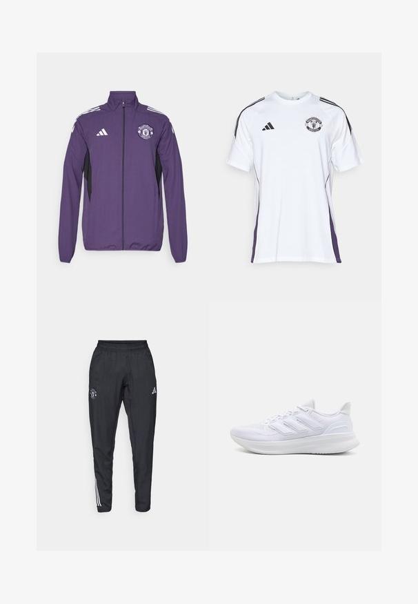 Purple zip-up jacket made of lightweight fabric, featuring black side panels, white adidas stripes, and a Manchester United logo on the chest.; White short-sleeve sports shirt with black and purple side accents, featuring the Manchester United logo and three black stripes on shoulders.; Black athletic pants featuring an elastic waistband, embroidered logo on the thigh, and white stripes running down the sides.; White athletic shoes featuring a textured mesh upper, supportive cushioned sole, and three stripe design on the side.