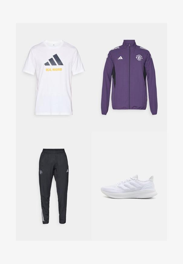 Lila Zip-Jacke aus leichtem Material, mit schwarzen Seitenpanelen, weißen adidas-Streifen und einem Manchester United-Logo auf der Brust.; Weißes Baumwoll-T-Shirt mit einem navyblauen Adidas-Logo und "REAL MADRID" in Gelb unter dem Logo. Kurze Ärmel, Rundhalsausschnitt.; Schwarze Sporthose mit elastischem Bund, gesticktem Logo auf dem Oberschenkel und weißen Streifen an den Seiten.; Weiße Sportschuhe mit einem strukturierten Mesh-Obermaterial, einer stützenden gepolsterten Sohle und einem drei Streifen-Design an der Seite.