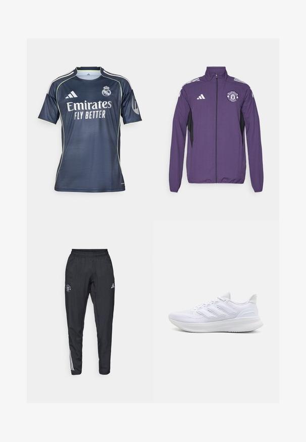 Chaqueta morada con cremallera hecha de tela ligera, con paneles laterales negros, rayas blancas de adidas y un logo del Manchester United en el pecho.; Camiseta de fútbol azul marino hecha de tela suave, con acentos en verde claro, mangas cortas y el logo "Emirates FLY BETTER" prominentemente exhibido.; Pantalones deportivos negros con cinturilla elástica, logo bordado en el muslo y rayas blancas que recorren los lados.; Zapatillas deportivas blancas con una parte superior de malla texturizada, suela acolchada y soporte, y un diseño de tres rayas en el lateral.