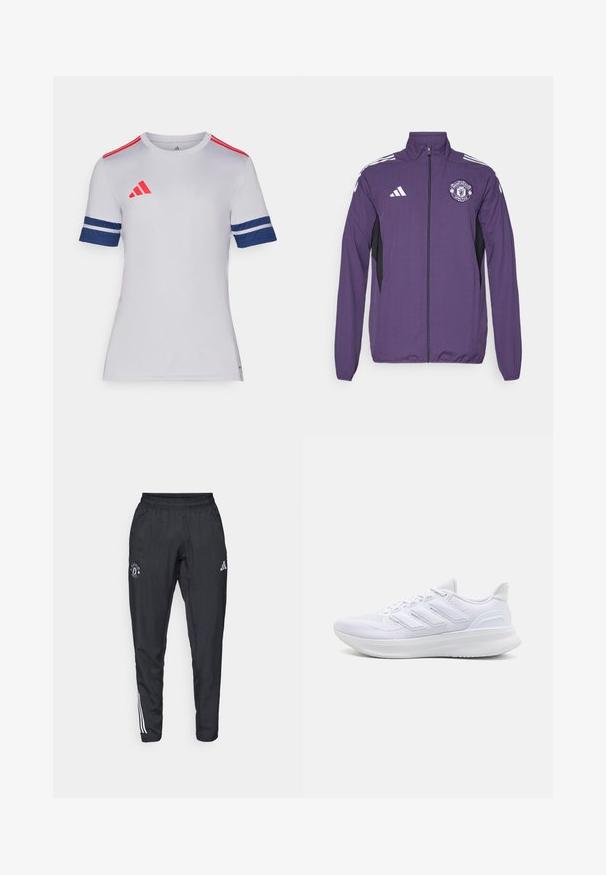 Chaqueta morada con cremallera hecha de tela ligera, con paneles laterales negros, rayas blancas de adidas y un logo del Manchester United en el pecho.; Camiseta atlética blanca de manga corta con acentos rojos y marinos. Presenta el logo de Adidas, mangas de rayas en color marino y un diseño de cuello redondo.; Pantalones deportivos negros con cinturilla elástica, logo bordado en el muslo y rayas blancas que recorren los lados.; Zapatillas deportivas blancas con una parte superior de malla texturizada, suela acolchada y soporte, y un diseño de tres rayas en el lateral.