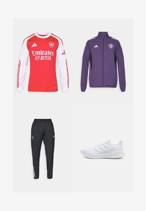 Veste zippée violette en tissu léger, avec des panneaux latéraux noirs, des rayures blanches adidas et un logo de Manchester United sur la poitrine.; Maillot de football rouge à manches longues avec des accents blancs, présentant un motif texturé, un logo sur la poitrine et le texte "Emirates". Trois bandes sur les épaules.; Pantalons de sport noirs avec une taille élastique, logo brodé sur la cuisse et bandes blanches sur les côtés.; Chaussures de sport blanches avec un dessus en mesh texturé, une semelle rembourrée et un design à trois bandes sur le côté.