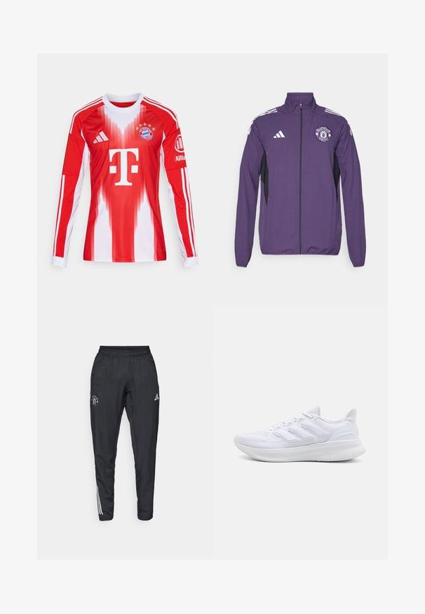 Lila Zip-Jacke aus leichtem Material, mit schwarzen Seitenpanelen, weißen adidas-Streifen und einem Manchester United-Logo auf der Brust.; Rotes und weißes Langarm-Fußballtrikot mit Farbverläufen, Vereinslogo und drei Streifen an den Ärmeln, aus atmungsaktivem Material gefertigt.; Schwarze Sporthose mit elastischem Bund, gesticktem Logo auf dem Oberschenkel und weißen Streifen an den Seiten.; Weiße Sportschuhe mit einem strukturierten Mesh-Obermaterial, einer stützenden gepolsterten Sohle und einem drei Streifen-Design an der Seite.