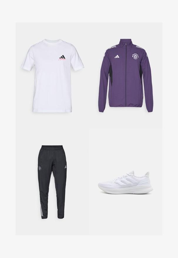 Purple zip-up jacket made of lightweight fabric, featuring black side panels, white adidas stripes, and a Manchester United logo on the chest.; White cotton t-shirt featuring a black three-stripe logo and 'Merkel' in pink on the left chest. Classic round neckline and short sleeves.; Black athletic pants featuring an elastic waistband, embroidered logo on the thigh, and white stripes running down the sides.; White athletic shoes featuring a textured mesh upper, supportive cushioned sole, and three stripe design on the side.