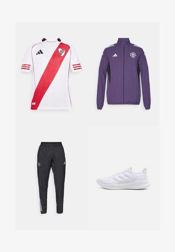 Purple zip-up jacket made of lightweight fabric, featuring black side panels, white adidas stripes, and a Manchester United logo on the chest.; White short-sleeve sports jersey featuring a diagonal red stripe, black accents, and the logo on the left chest, made from breathable fabric.; Black athletic pants featuring an elastic waistband, embroidered logo on the thigh, and white stripes running down the sides.; White athletic shoes featuring a textured mesh upper, supportive cushioned sole, and three stripe design on the side.
