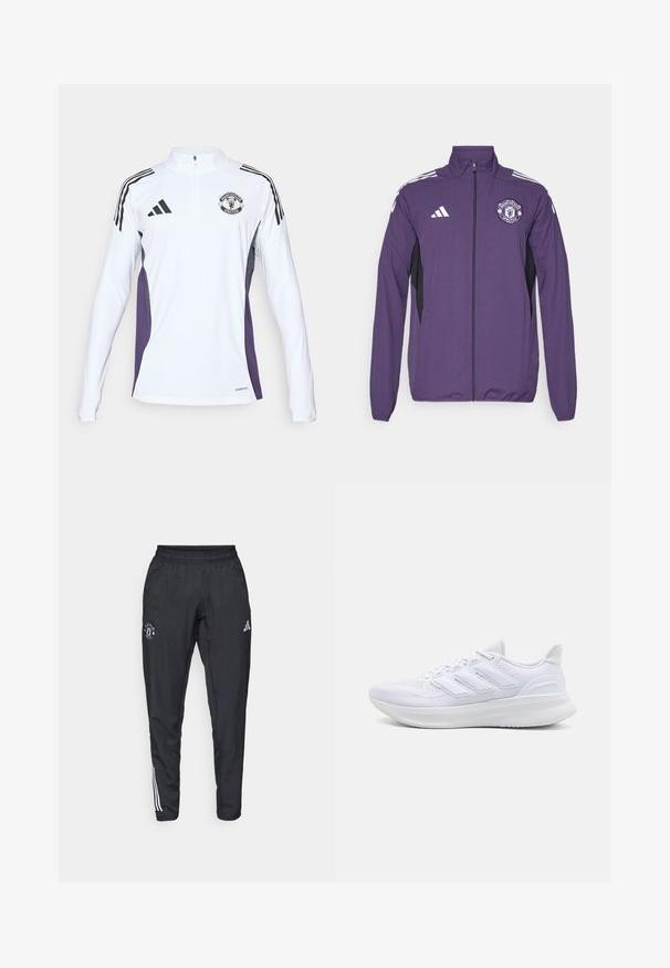 Purple zip-up jacket made of lightweight fabric, featuring black side panels, white adidas stripes, and a Manchester United logo on the chest.; White long-sleeve training shirt with a half-zip, black stripes, purple side panels, and a Manchester United logo on the chest.; Black athletic pants featuring an elastic waistband, embroidered logo on the thigh, and white stripes running down the sides.; White athletic shoes featuring a textured mesh upper, supportive cushioned sole, and three stripe design on the side.